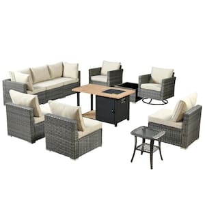 Sanibel Gray 11-Piece Wicker Outdoor Patio Conversation Sofa Sectional Set with a Storage Fire Pit and Beige Cushions