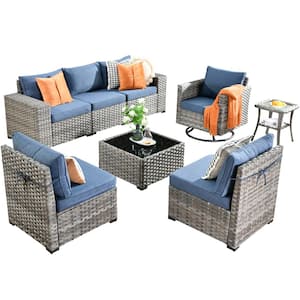 Tahoe Grey 8-Piece Wicker Outdoor Patio Conversation Sofa Set with a Swivel Rocking Chair and Denim Blue Cushions