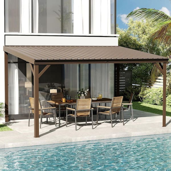 10 ft. x 14 ft. Brown Hardtop Lean to Gazebo with Sloping Galvanized Steel Roof abd Drainage System for Backyard