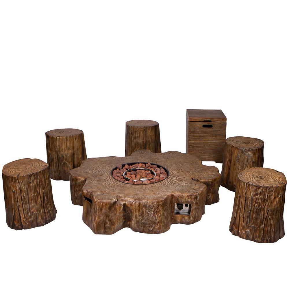 Shine Company 50 in. W Amazonia Outdoor Tree Trunk Propane Gas Brown Fire Pit with Log Stools (7