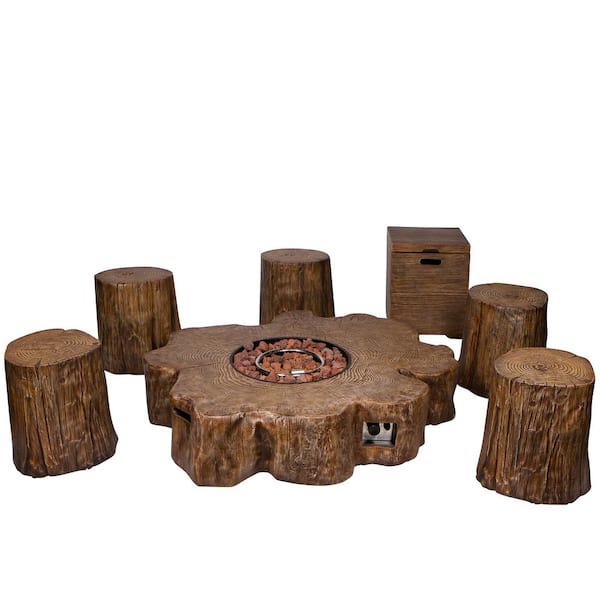 Shine Company 50 In W Amazonia Outdoor Tree Trunk Propane Gas Brown Fire Pit With Log Stools 7 Piece 6505br The Home Depot