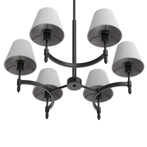 YANSUN 27 in. 6-Light Black Metal Chandelier with White Linen