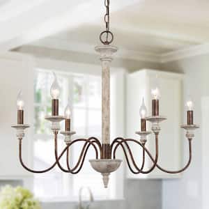 Classic Bronze Wood Chandelier, 6-Light Modern French Country Antique White Island Candlestick Dining Room Pendant Light