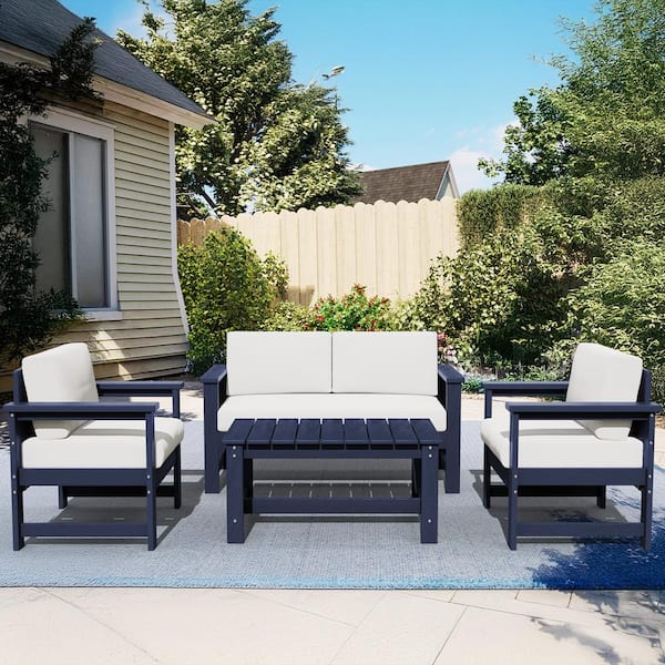 JEAREY Navy 4-Piece HDPE Plastic Patio Conversation Set with Beige Cushions