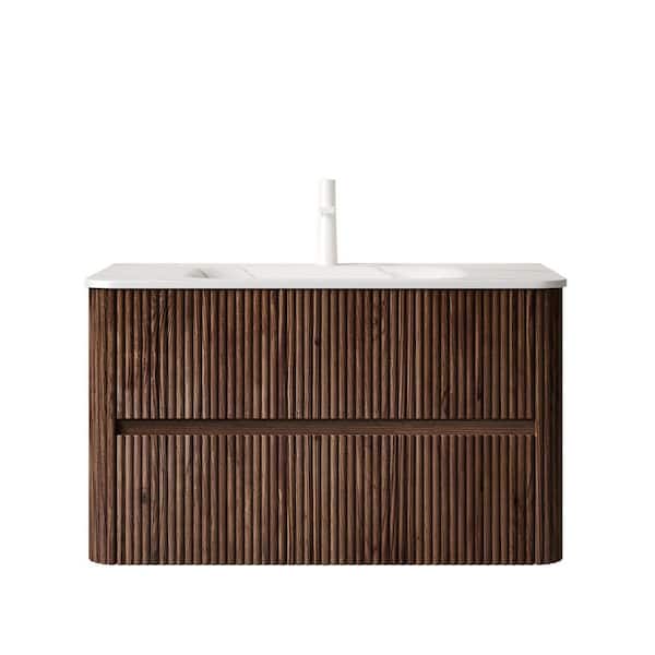 TCYO 36 in. W Wall-Mounted Bath Vanity in Walnut with Carrara