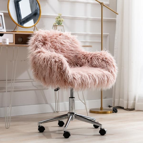 Seafuloy  in. Pink Faux Fur Home Office Side Chair for Girls with  Silver Plating Base C-W21222750 - The Home Depot