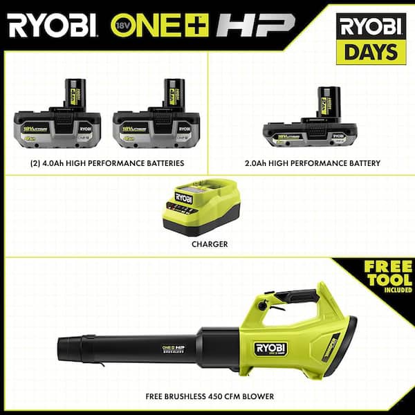 ONE+ 18V HIGH PERFORMANCE Kit w/ (2) 4.0 Ah Batteries, 2.0 Ah Battery, Charger, & FREE ONE+ HP 120 MPH 450 CFM Blower