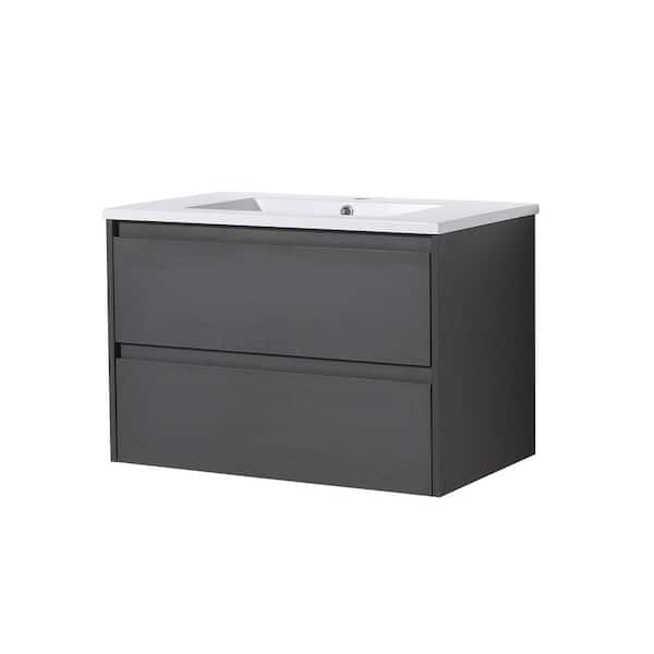 JimsMaison 30 in. W x 18 in. D x 21 in. H Wall-Mounted Bathroom Vanity in Mountain Grain Gray with White Cultured Marble Top