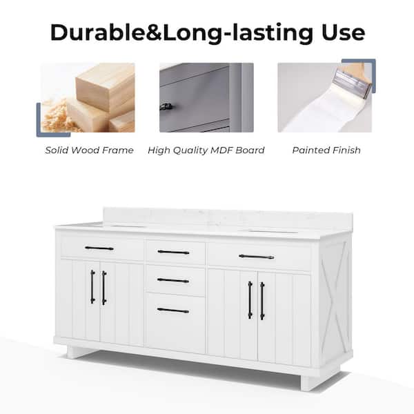 Jearey 72 in. White Wood Double Sink Freestanding Bathroom Vanity