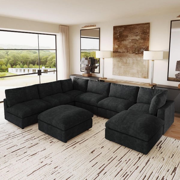 Modular Cloud Couch, 134 in. Square Arm 8-Piece Chenille U-Shaped Sectional Sofa with Ottoman, Washable Covers in Black