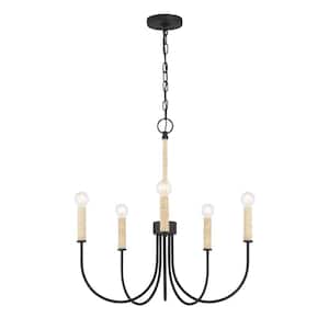 5-Light Matte Black Chandelier with Natural Abaca Wrap