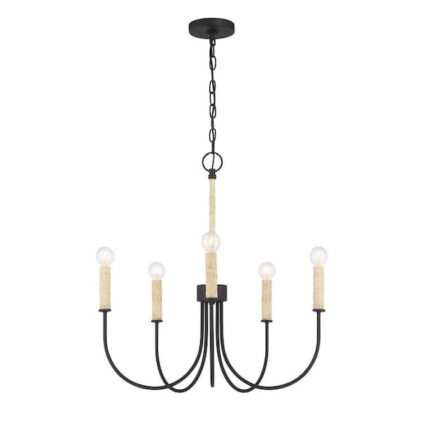 Minka Lavery 5-Light Matte Black Chandelier with Natural Abaca Wrap