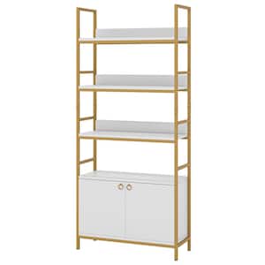Earlimart 70.9 White Gold Wood Bookcase with Door, Etagere Bookshelf with 4-Tier Shelves and Floor Storage Cabinet