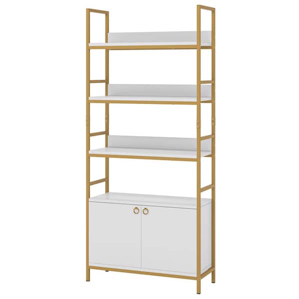 White Gold Wood Bookcase With, White Storage Bookcase With Doors