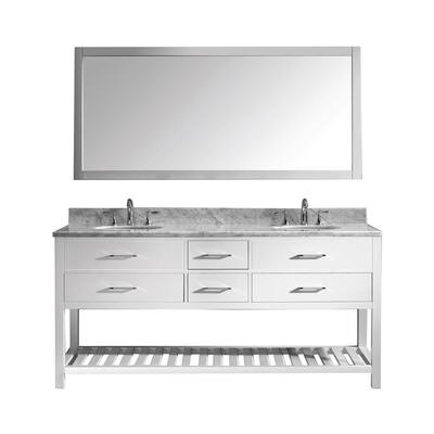 Caroline Estate 72 in. W Bath Vanity in White with Marble Vanity Top in White with Round Basin and Mirror