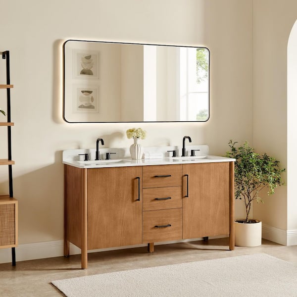 Velora 60 in. Double Freestanding Mango Brown Bath Vanity with Grain White Engineered Stone Top Assembled, Mirror