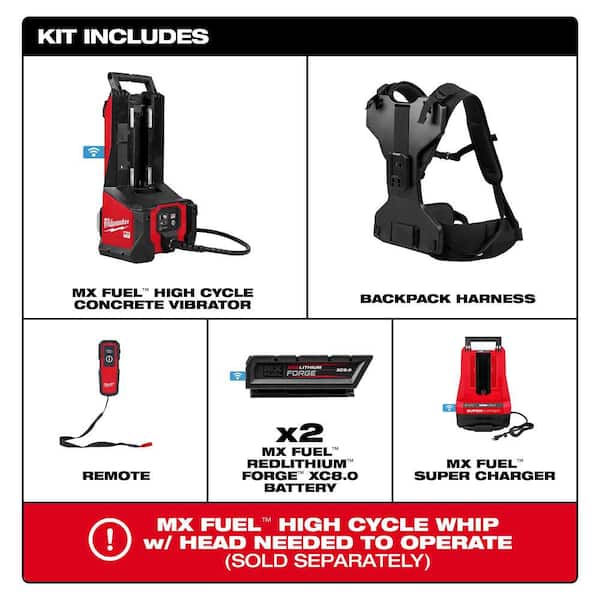 MX FUEL High Cycle Concrete Vibrator Kit with (2) FORGE XC 8.0 Batteries and (1) MX FUEL Super Charger