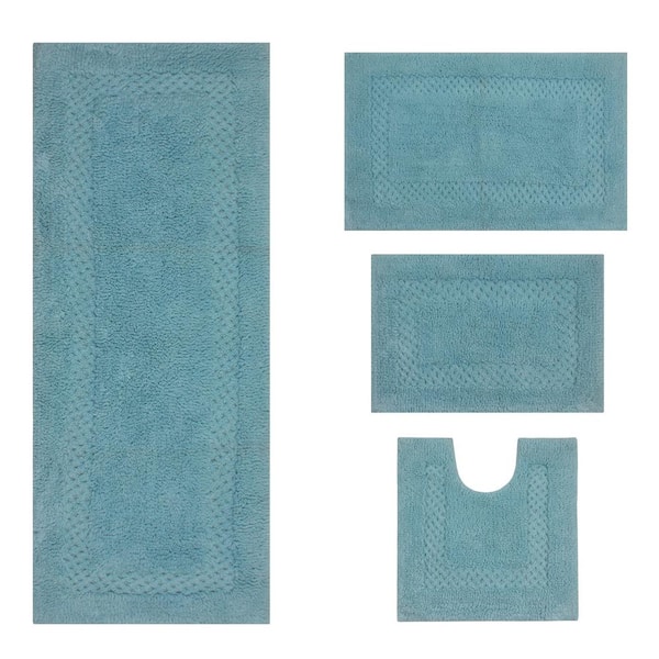 Classy 100% Cotton Bath Rugs Set, Machine Wash, 4-Pcs Set with Runner, Aqua