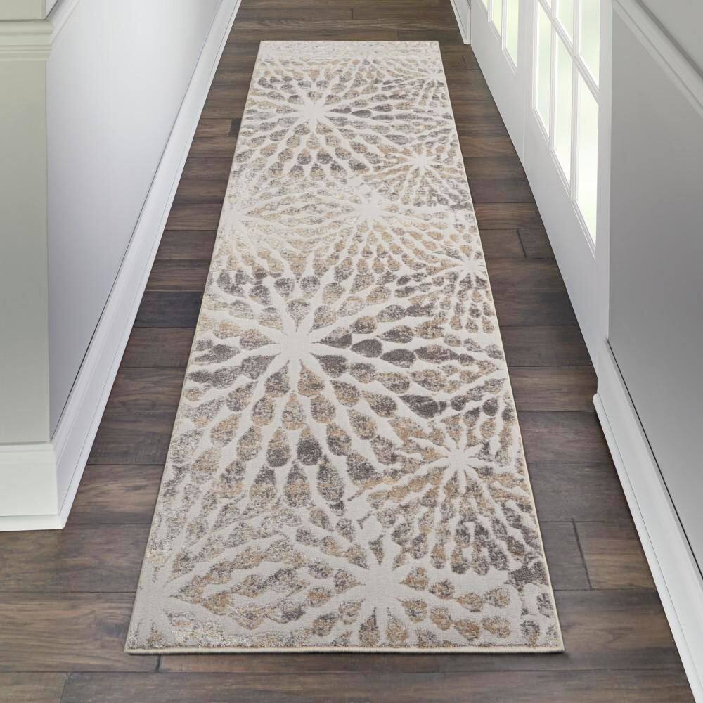 Elegant Ivory Abstract Hand-Knotted Viscose Runner Rug