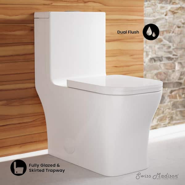 Concorde 10 in. Rough In 1-piece 1.1/1.6 GPF Dual Flush Square Toilet in Glossy White, Seat Included
