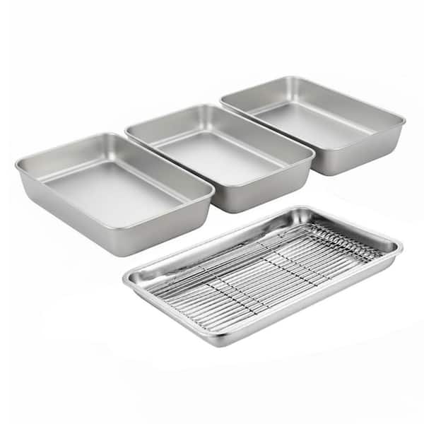 Silver Stainless Steel Kitchen Breading Tray Set with Oil Draining Feature for Chicken Cutlet Preparation, 3Pcs
