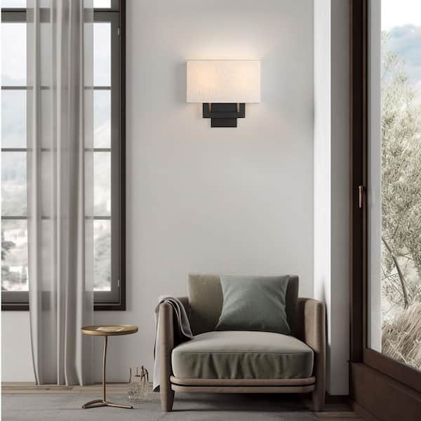 Celina 13 in. 2-Light Bronze Wall Sconce Light With Oatmeal Fabric Shade