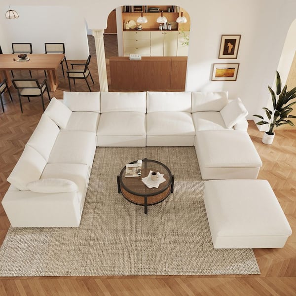 Grand Convertible 157 in. Square Arm Linen 8-Piece Pine Wood Cloud Modular Sectional Sofa in White with Storage Ottomans
