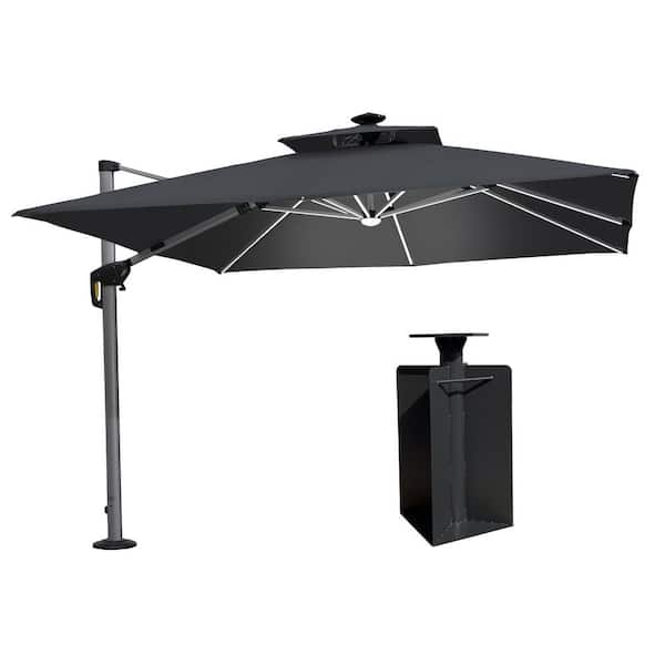PURPLE LEAF 10 ft. Square Aluminum Solar Powered LED Patio Cantilever Offset Umbrella with Base in Ground, Gray