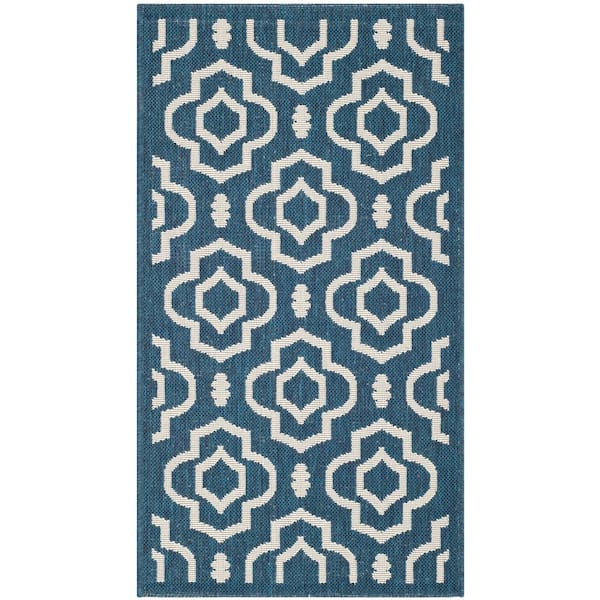 SAFAVIEH Courtyard Navy/Beige Doormat 2 ft. x 4 ft. Geometric Indoor/Outdoor Patio Area Rug