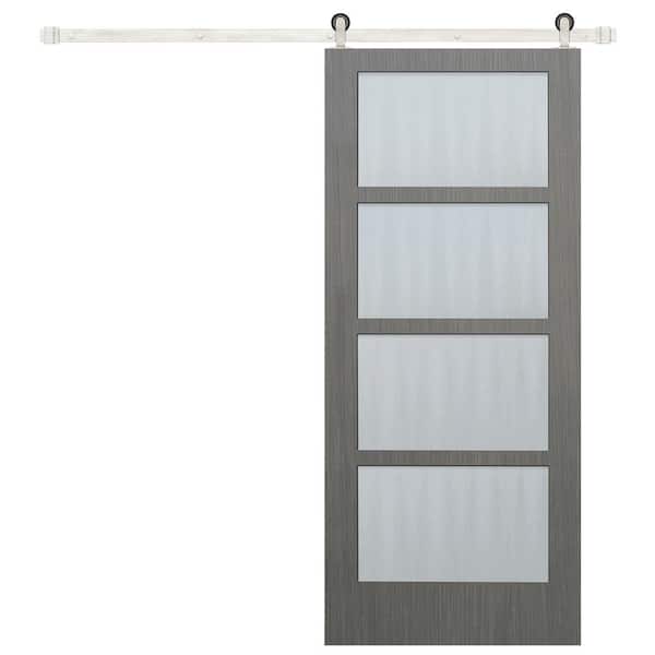 36 in. x 84 in. 4-Lite Driftwood Clear Coat Wood Interior Sliding Barn Door with Satin Nickel Hardware