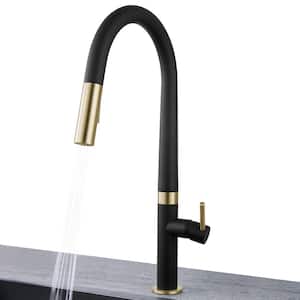 Easy-Install Single-Handle Deck Mount Gooseneck Pull-Down Sprayer Kitchen Faucet in Matte Black/Brushed Gold