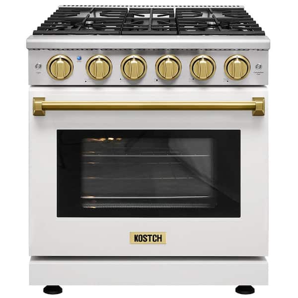 30 in. 5 Burners Freestanding Natural Gas Range with 4.55 cu. ft. Convection Oven in White with Bronze Handle
