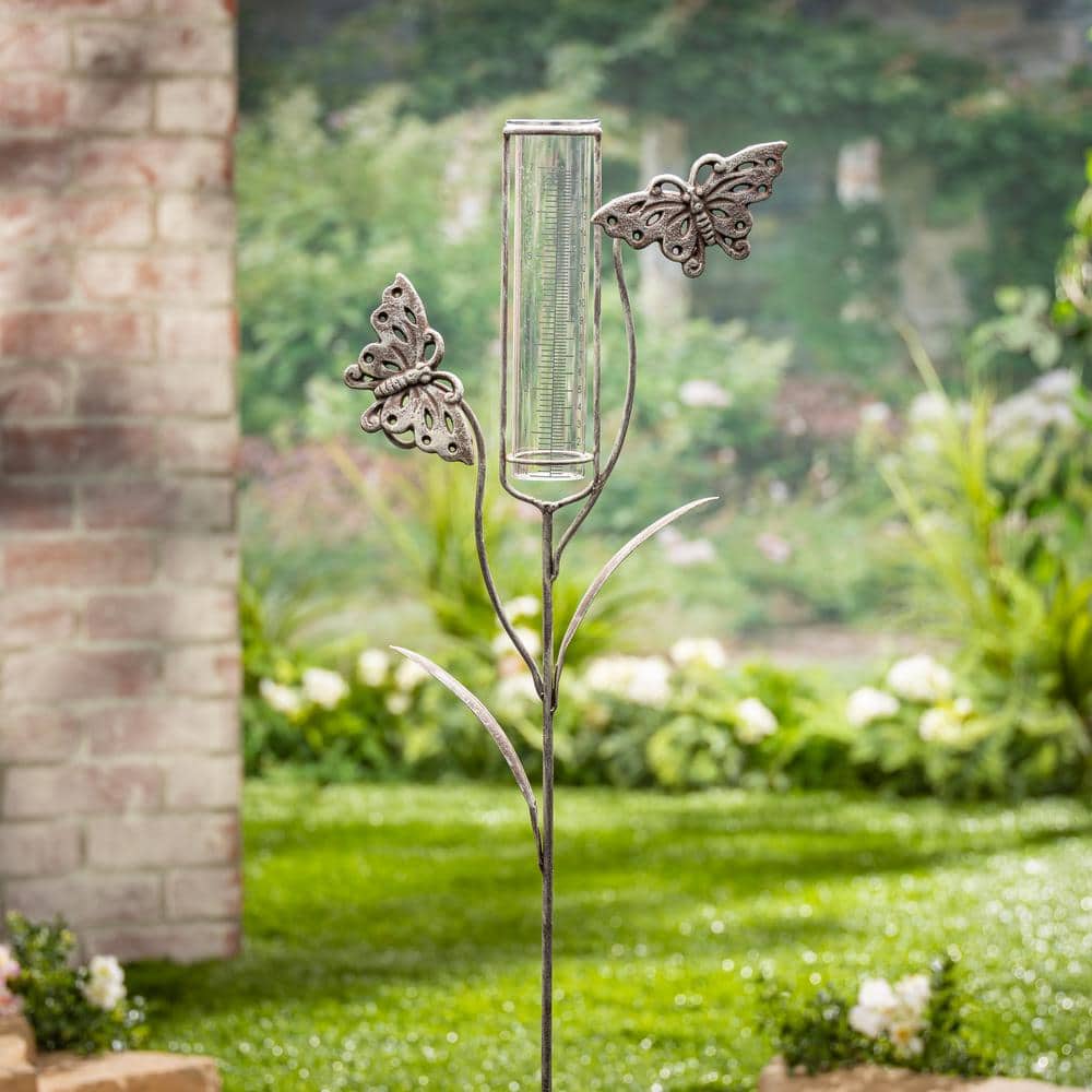 36.5" Silver Metal Butterfly Garden Stake with Glass Rain Gauge
