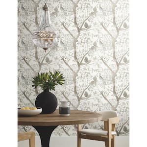 60.75 sq.ft. Off White Peacock Block Print Wallpaper