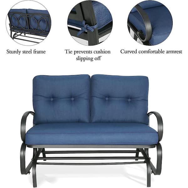 Outdoor Blue Metal Patio Glider Bench Loveseat Outdoor Rocking Chair with Blue Cushioned 2-Person