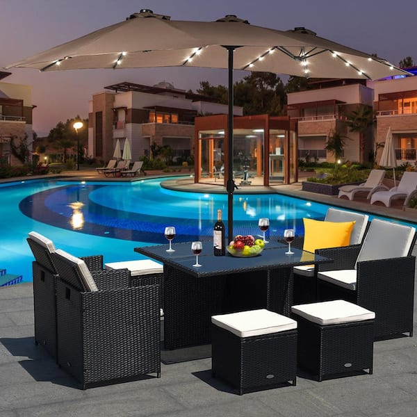 15 ft. Steel Frame Market Solar LED Patio Umbrella Powered 36-Lights in Brown