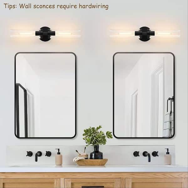 21.7 in. 2 Lights Black Wall Sconce, Wall Mount LED Vanity Light Fixture with Shade for Bathroom Mirror