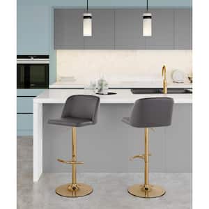 Toriano 33 in. Grey Faux Leather Gold Metal Adjustable Bar Stool Rounded T Footrest (Set of 2)