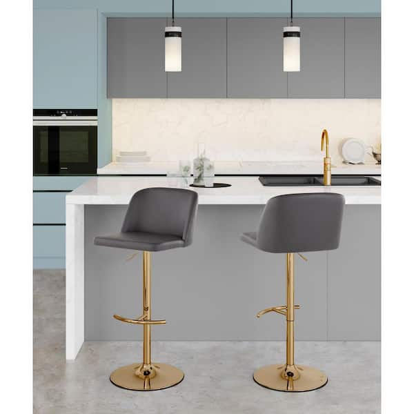 Lumisource Toriano 33 in. Grey Faux Leather Gold Metal Adjustable Bar Stool Rounded T Footrest (Set of 2)