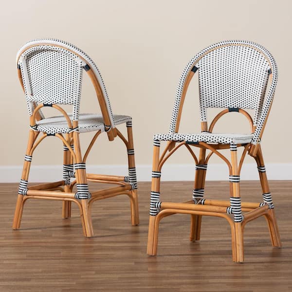 Genica 24 in. Navy Blue and White Weaving Rattan Counter Stool (Set of 2)