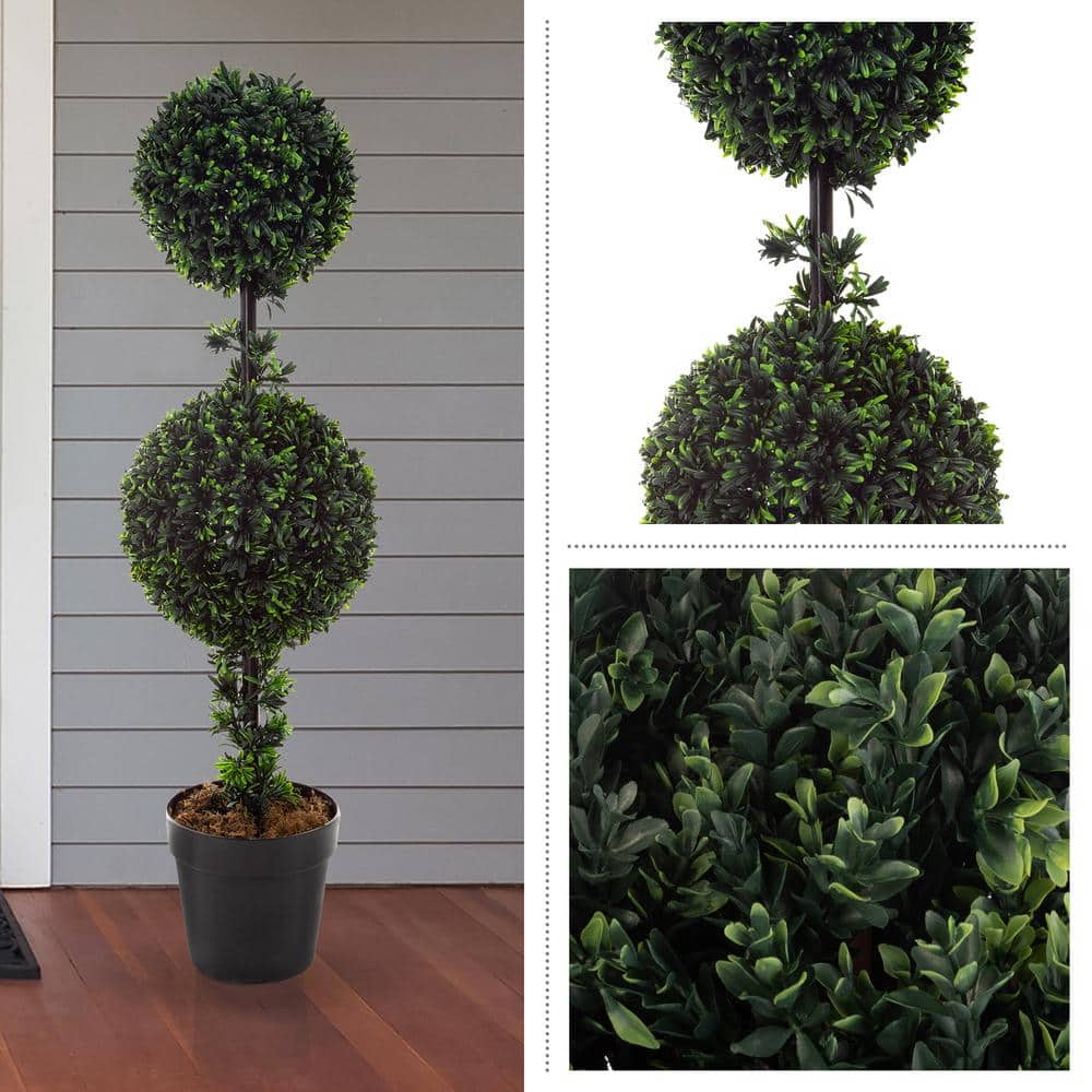 36-Inch Double Ball Podocarpus Faux Plant in Gray Plastic Pot