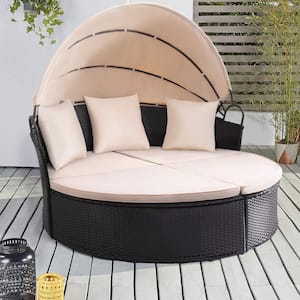Black 1-Piece Rattan Wicker Outdoor Patio Round Day Bed with Retractable Canopy with Beige Cushions