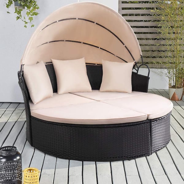 Retractable Canopy With Beige Cushions, Round Daybed Outdoor Cover