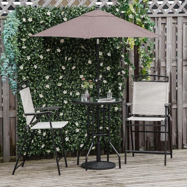 Unbranded 4-Piece Beige Steel Outdoor Dining Set, 2 Folding Chairs, Adjustable Angle Umbrella, Wave Textured Tempered Glass Dinner