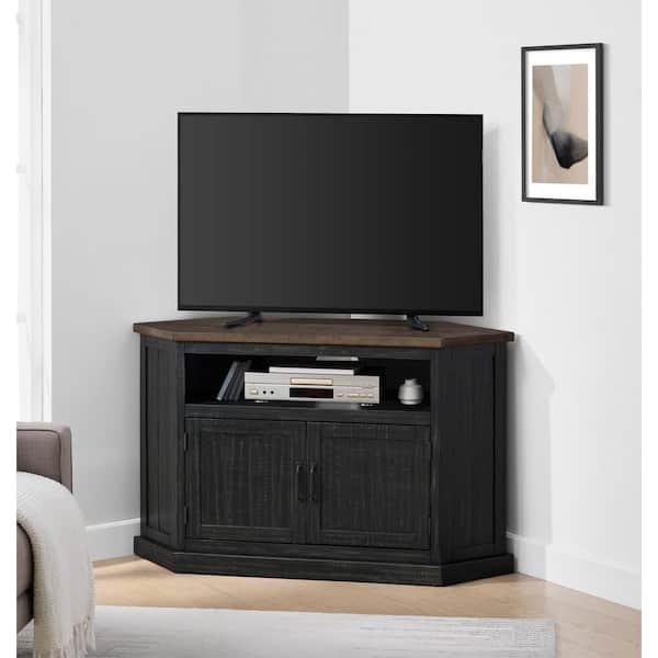 Rustic Black with Brown Top Solid Wood Corner TV Stand Fits TVs Up to 55 in. with Cable Management