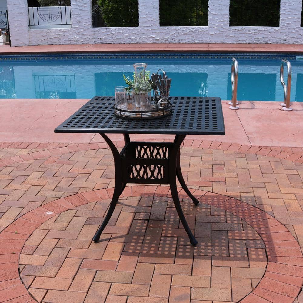 Black Cast Aluminum Square Outdoor Dining Table with Umbrella Hole