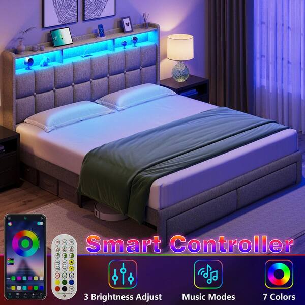 Light Gray Wood Frame King Size Upholstered Platform Bed with LED Lights, Charging Station, Headboard and 2-Drawers