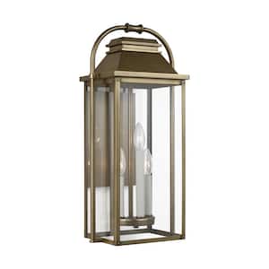 Wellsworth 22.75 in. 3-Light Painted Distressed Brass Outdoor Wall Lantern Sconce