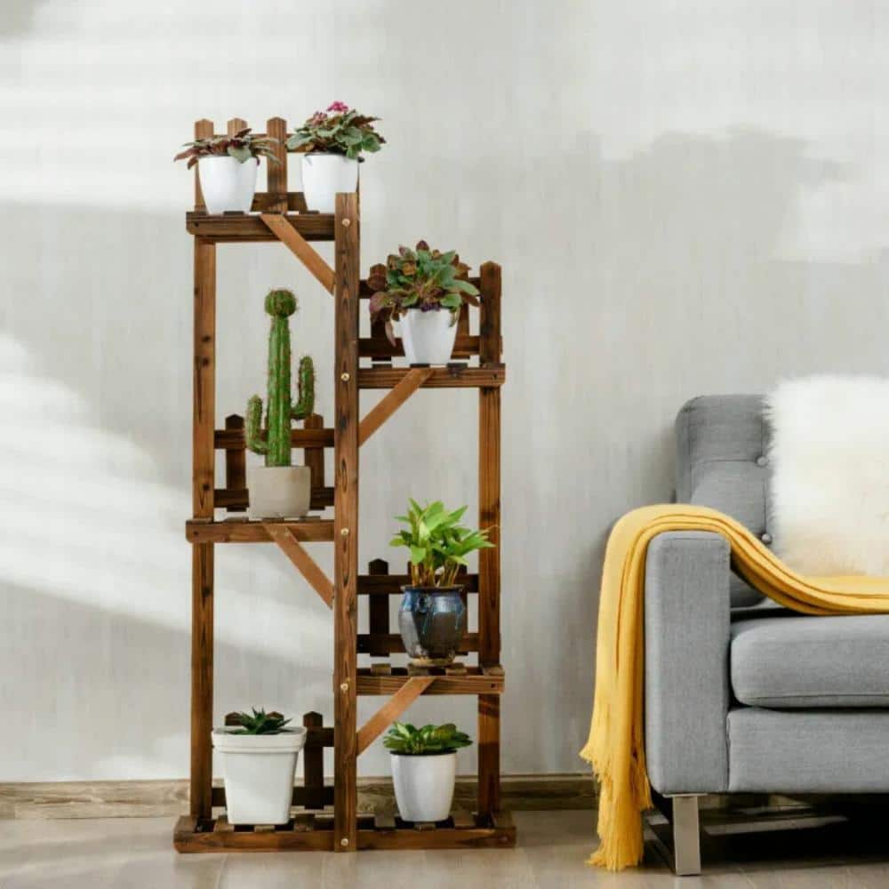 5-Tier Dark Brown Solid Fir Wood Plant Stand