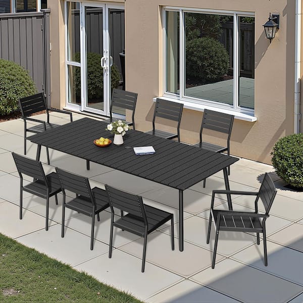 Pellebant 94.5 in. Black Aluminum Wood-Like Outdoor Dining Set with Umbrella Hole and Stackable Chairs (9 Pieces)